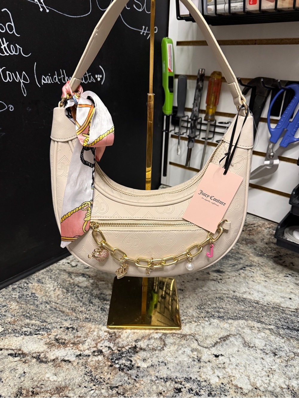 Juicy Couture Cream Crescent Hobo Bag with Charm Chain
